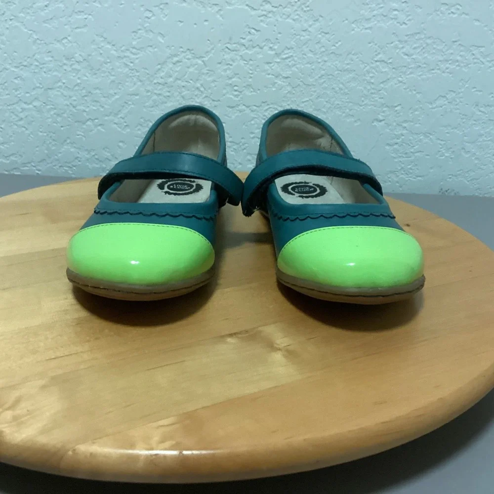 LIVIE & LUCA Teal Neon Green Patent Toe Strap Mary Jane‎ Shoes Kids Size 1